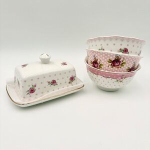 Park Chateau Pink Polka Dot Floral Rose Ceramic Bowls and Butter Dish Set‎ 4pc